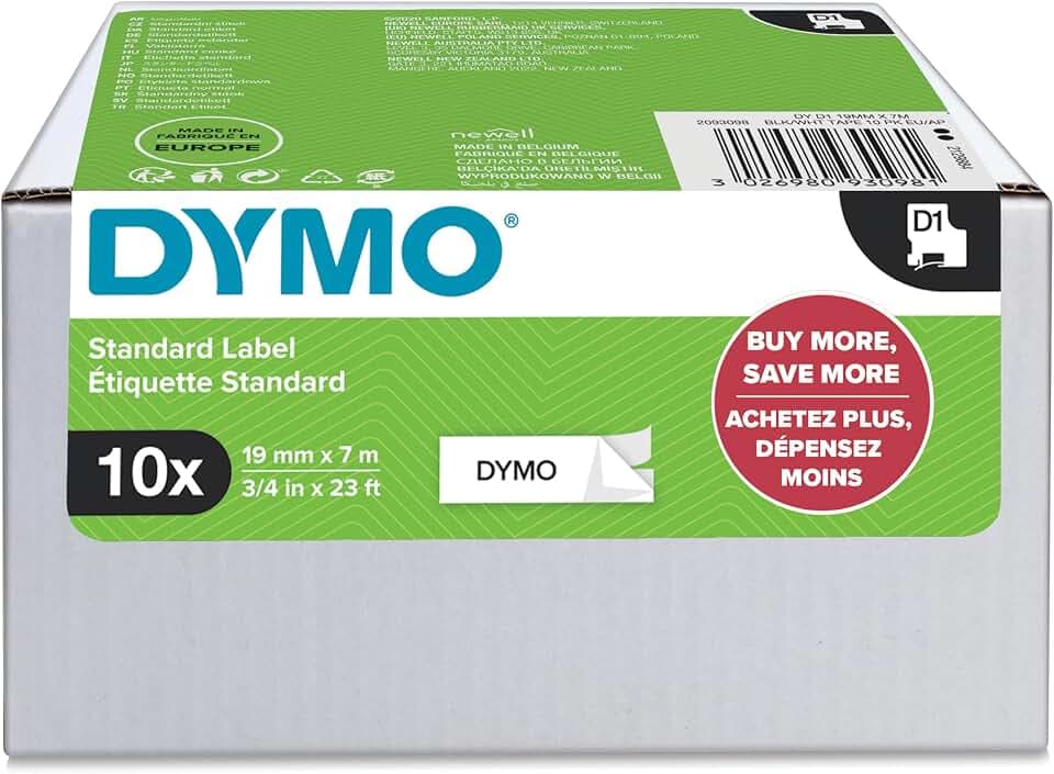 DYMO Original D1-Etikettenband | schwarz auf weiß | 19 mm x 7 m | selbstklebendes Schriftband | für LabelManager-Beschriftungsgerät | 10 D1 Etikettenkassetten