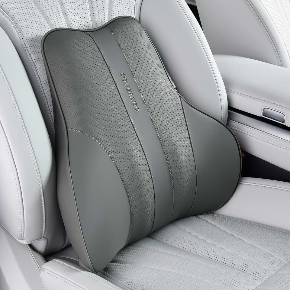 Coverado Lumbar Support Pillow for Car, Ergonomic Memory Foam Back Pillow for Office Chair, Back Cushion for Back Pain Relief, PU Leather Car Lumbar Support for Driving Seat