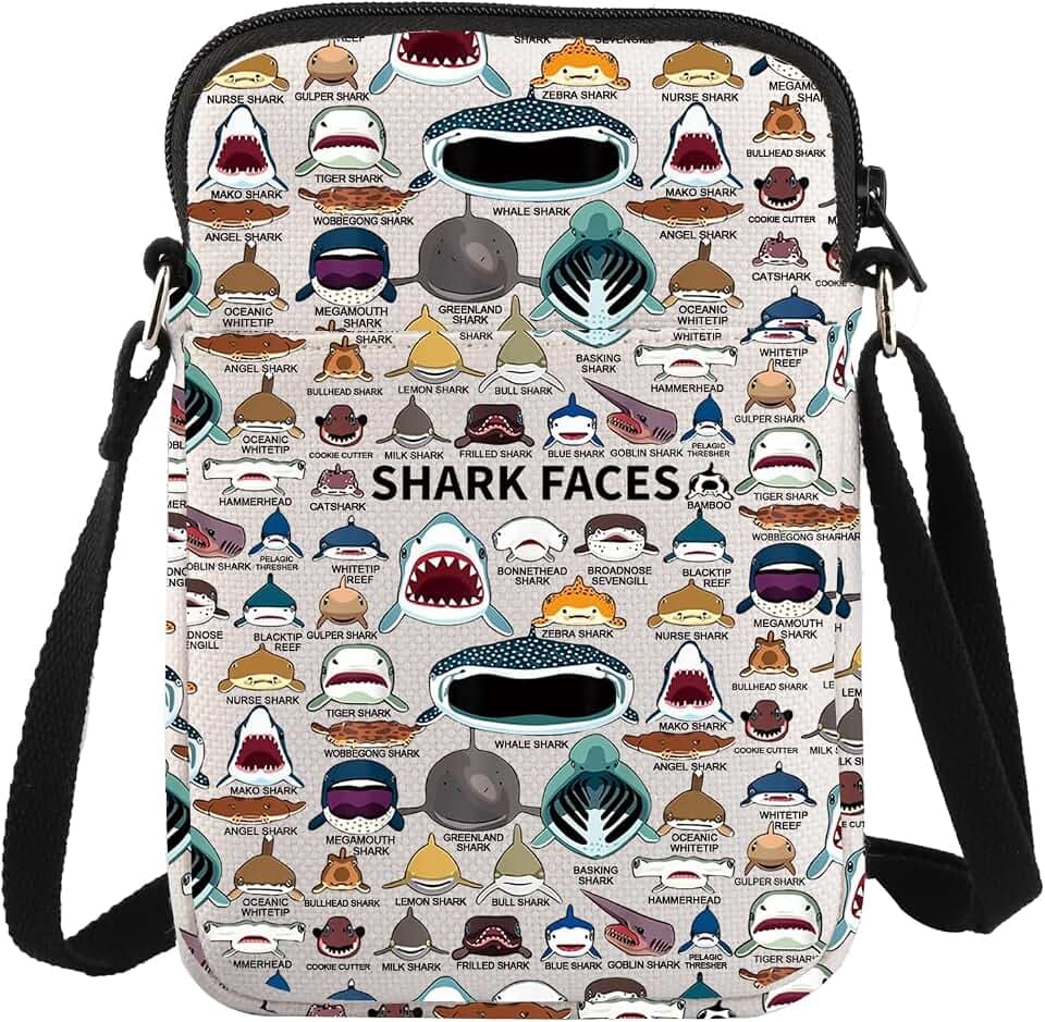 BWWKTOP Shark Face Canvas Messenger Bag - Shark Lovers Gift - Crossbody Purse - Merchandise