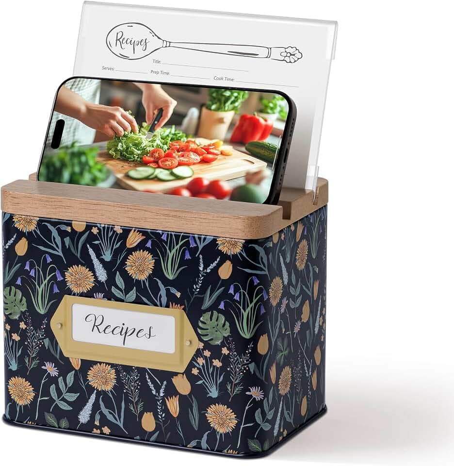 Cabbrix Recipe Box with 50 Cards and 24 Dividers, 4x6 Recipe Card Box Set, Wooden Lid with Phone Holder and Recipe Holder, Beautiful Metal Recipe Organizer, Floral