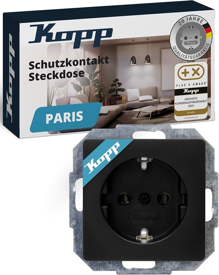 Kopp Paris Schutzkontakt-Steckdose, 1-fach, mit Berührungsschutz, 16A, 250V~, IP20, schwarz, matte Oberfläche, 920650080