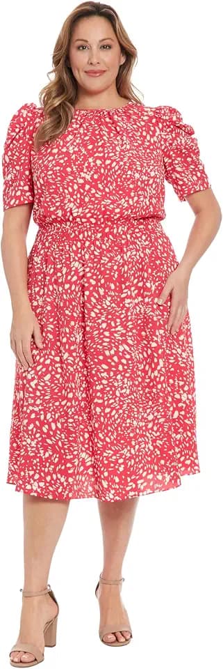 London Times Women's Women's Crew Neck Short Sleeve Midi Dress with Pockets - A-line Silhouette - Business Casual Dress