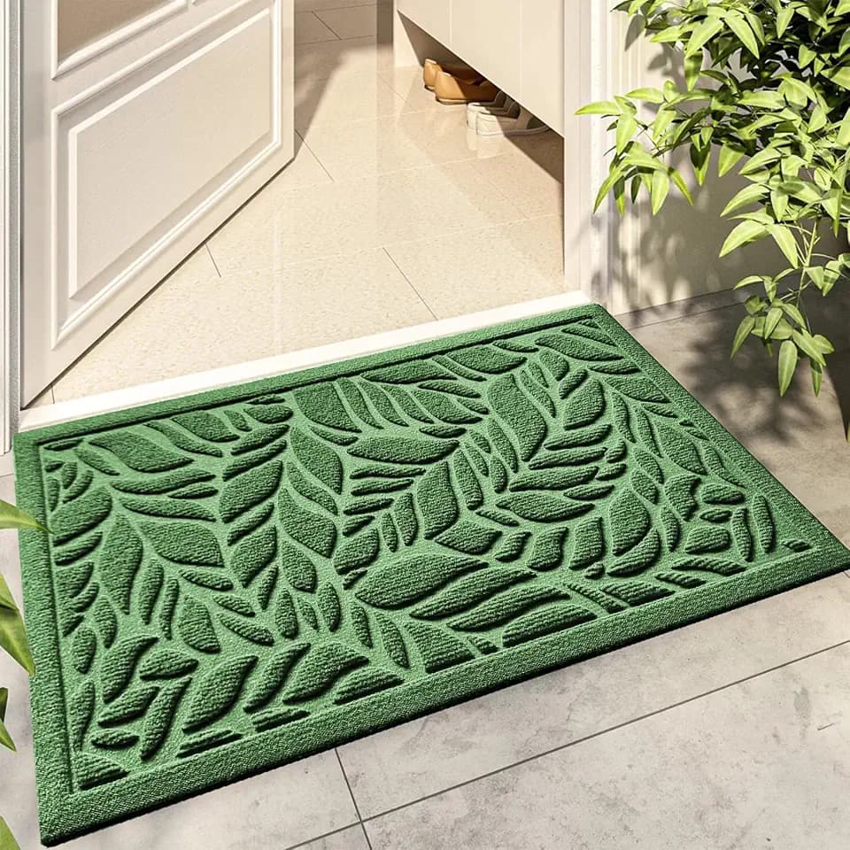 Bulijojo Front Door Mat Entrance,Durable Heavy Duty Welcome Mat,Thick Absorbent Natural Rubber Non Slip Mat,Sturdy Entryway Green Leaves,23x35