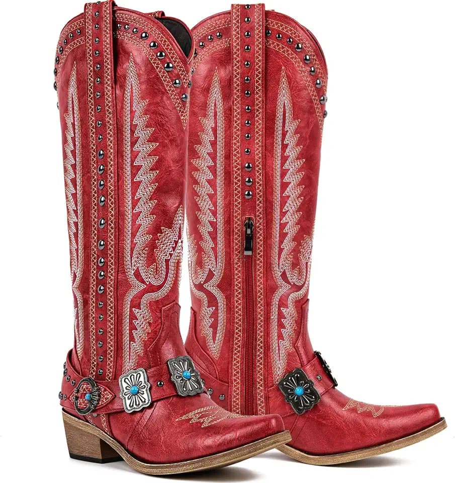 Yolkomo Cowboy Boots for Women Knee High Western Cowgirl Boots with Embroidery Belt Buckle Chains