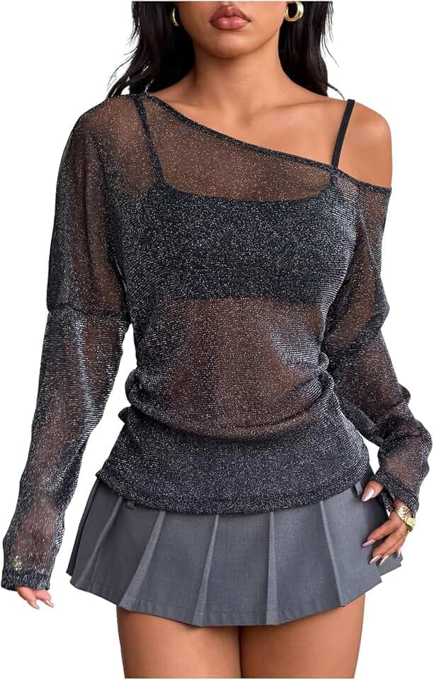Milumia Women's Sparkly Mesh Long Sleeve Top Y2k Sequin Top Concert Outfit