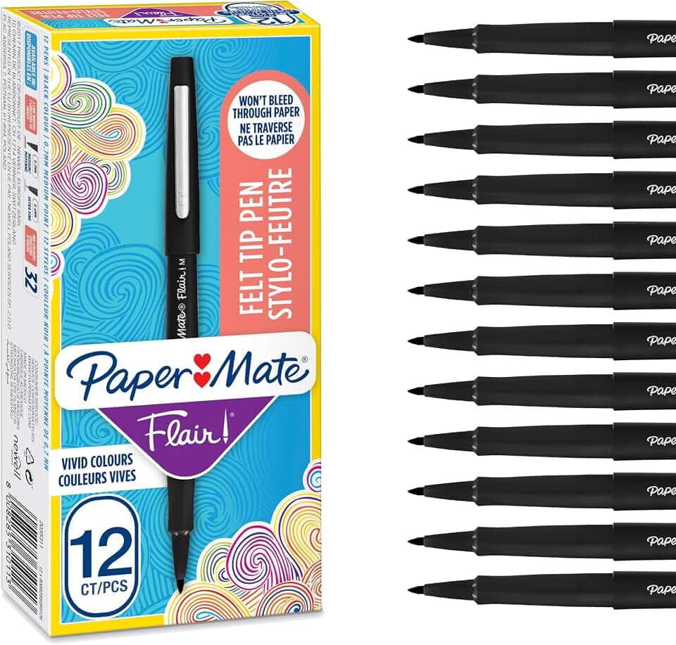 Paper Mate Flair Filzstifte | mittlere Spitze (0,7 mm) | Schwarz | 12 Stück