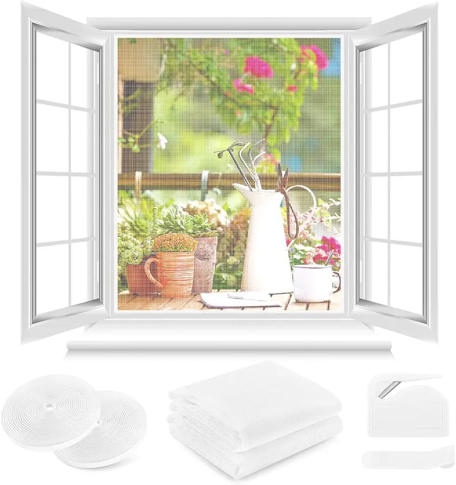 Fliegengitter Fenster ohne Bohren,DIY 210x250cm,2 Stück,Kann auf die Gewünschte Größe Zugeschnitten werden,Verdicktes Netz,Insektenschutz Fenster mit Klettband+Zuschneider+Presshilfe,Weiß