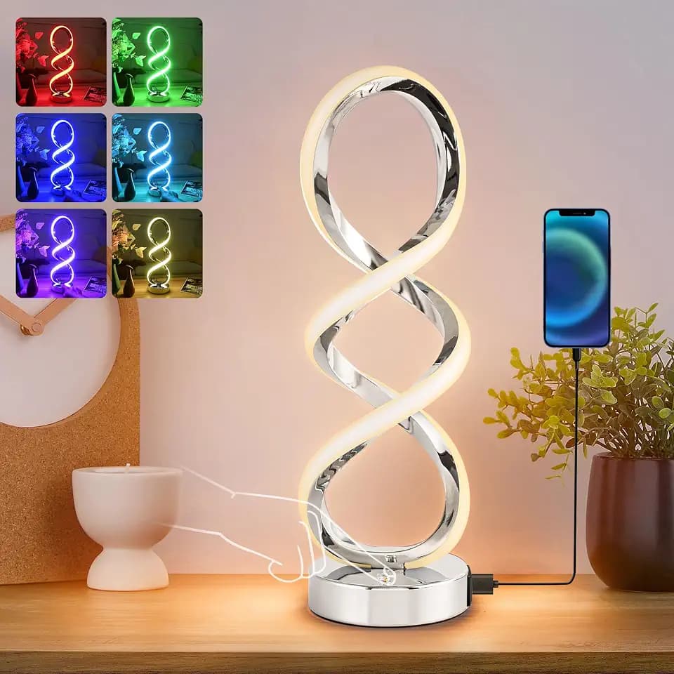 Modern Spiral LED RGB Table Lamp, Dimmable Touch, Small Nightstand Lamp