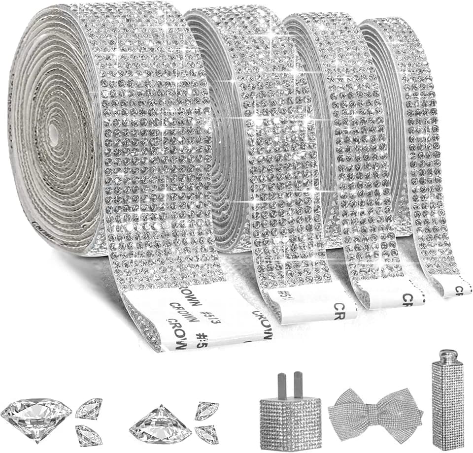 Selbstklebende Strassband Kristall Strass, Bling Glitzersteine Selbstklebend, DIY Diamant Band, 4 Rollen in 4 Größen（Silber）