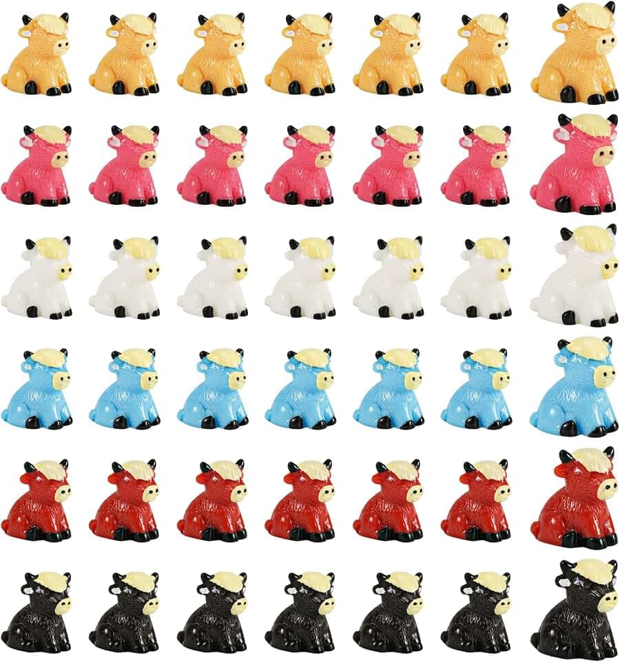 42 Mini-Harzkühe, 6 Farben Mini-Kuhfiguren aus Hochlandrindern Glatte Wiederverwendbare Hochlandkuhfigur Mini-Harztierdekoration für Liebhaber von Hochlandrindern von Bauernhausdekoration