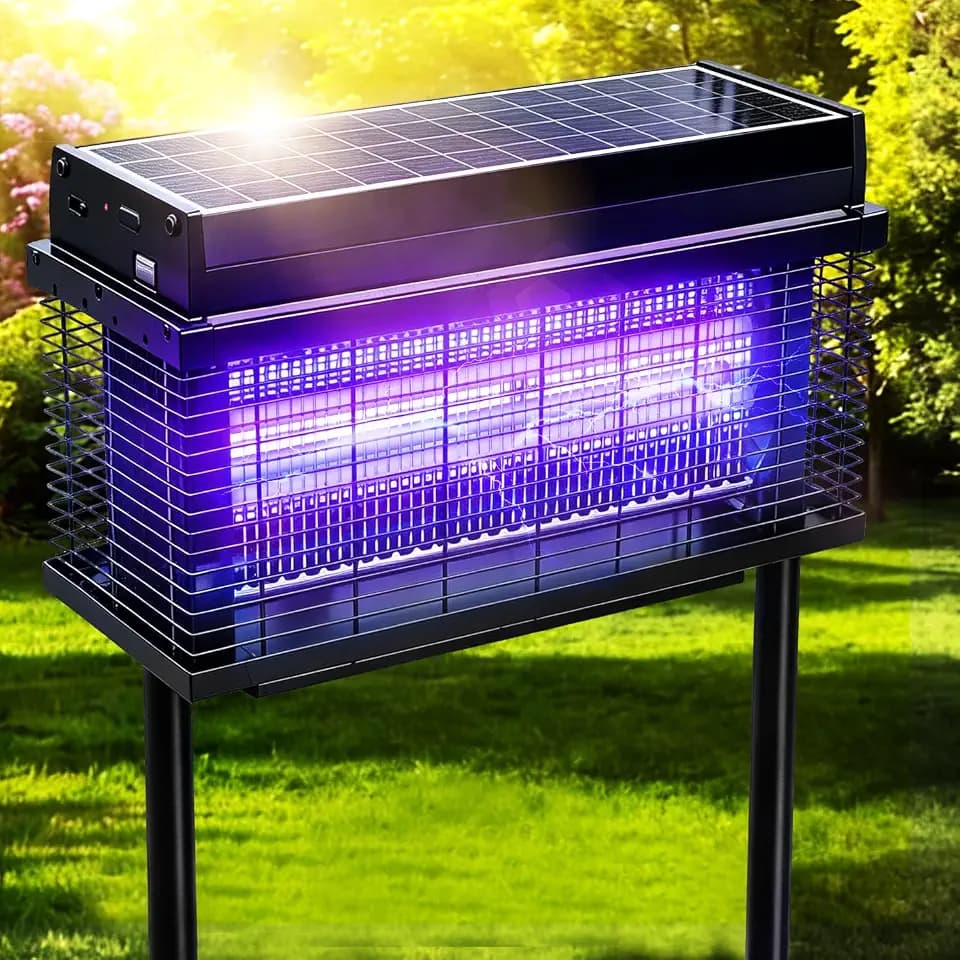 Solar Bug Zapper Outdoor, Purple UV Mosquito Zapper with Smart Rain Off Rechargeable Mosquito Killer Lamp, Wireless Solar Powered Fly Trap for Yard Patio RV(Matte Black)