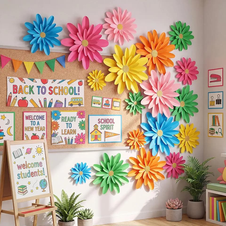 18 Pcs Paper Flower Bulletin Board Decor, Rainbow Color, 6" 8" 10"