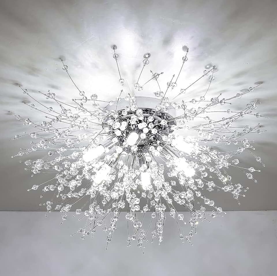 Rayofly Modern Kistall Deckenleuchte Wohnzimmer, Feuerwerk Kristall Deckenlampe Schlafzimmer, 6-flammige Kistall Kronleuchter, Chrom Dimmbare Deckenlampe für Schlafzimmer, Esszimmer, Flur, Küche