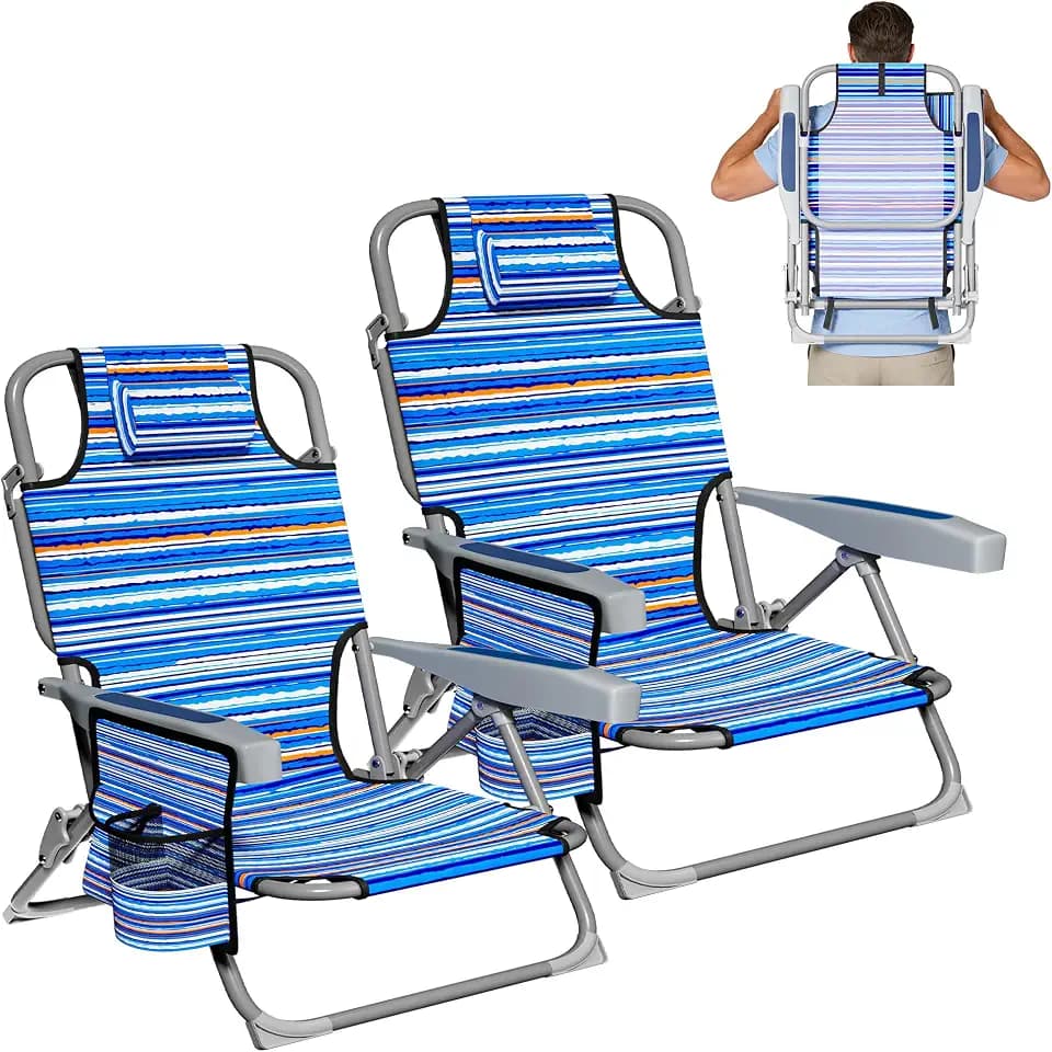 Beach Chair, Lay Flat Folding Backpack Beach Chairs with 5 Position 2 Pack