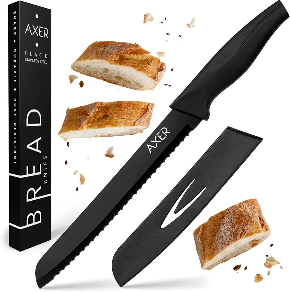 Axer Brotmesser Wellenschliff - 20 cm Klingenlänge - Großes Brotmesser - Brotschneidemesser - Brötchenmesser - Edelstahl Küchenmesser mit Schutzhülle - Scharfe Klinge - Bread Knife – Schwarz