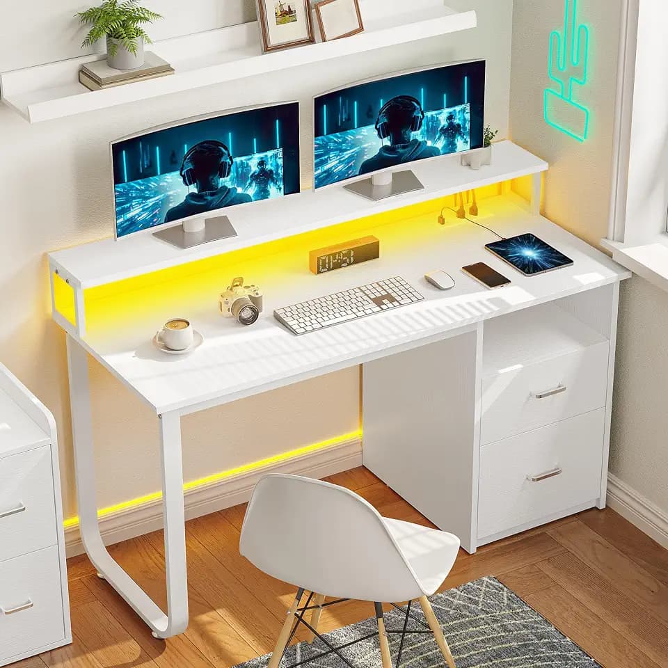 YITAHOME 47.2" Computer Desk with Drawers, Power Outlets & LED, White