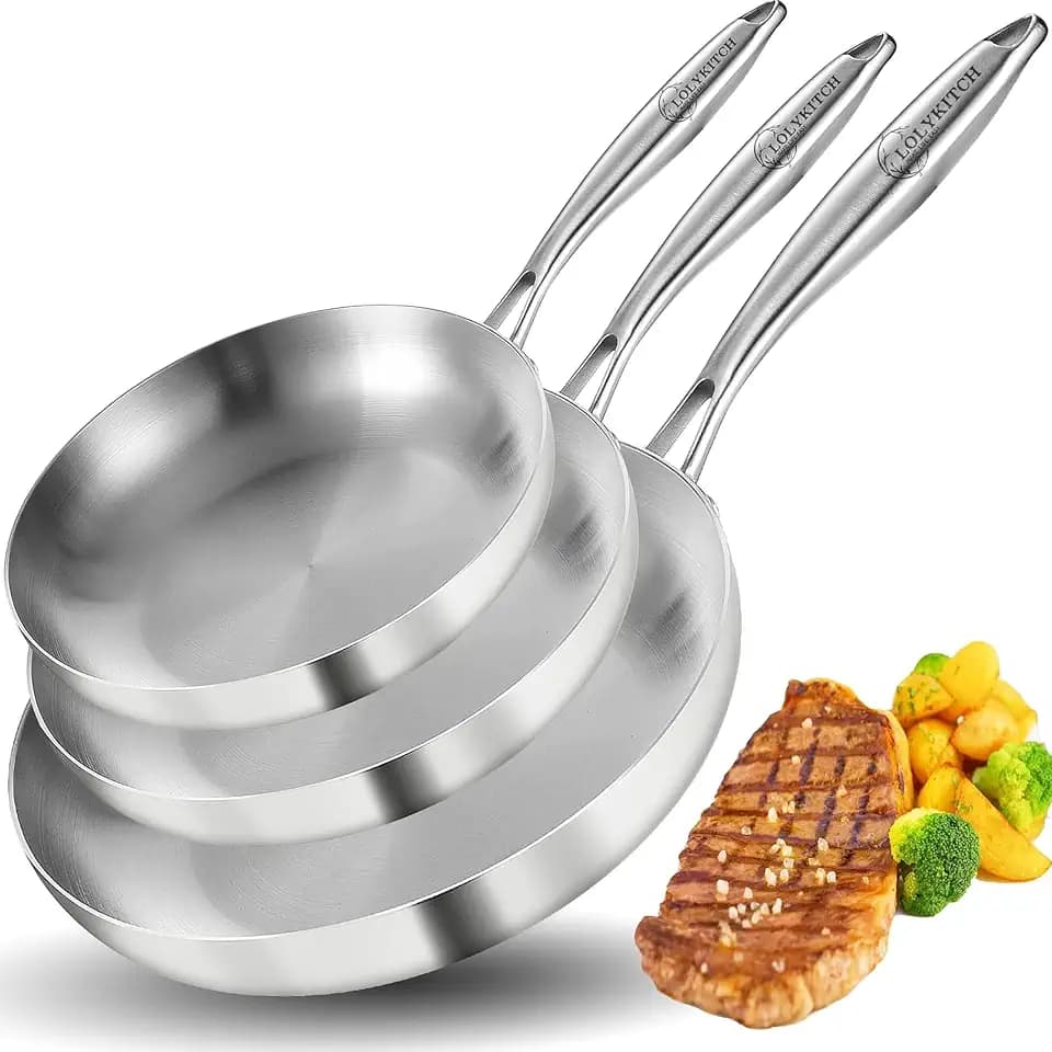 LOLYKITCH 8-10-12 Inch Frying Pan Set | Tri-Ply Stainless Steel Skillet