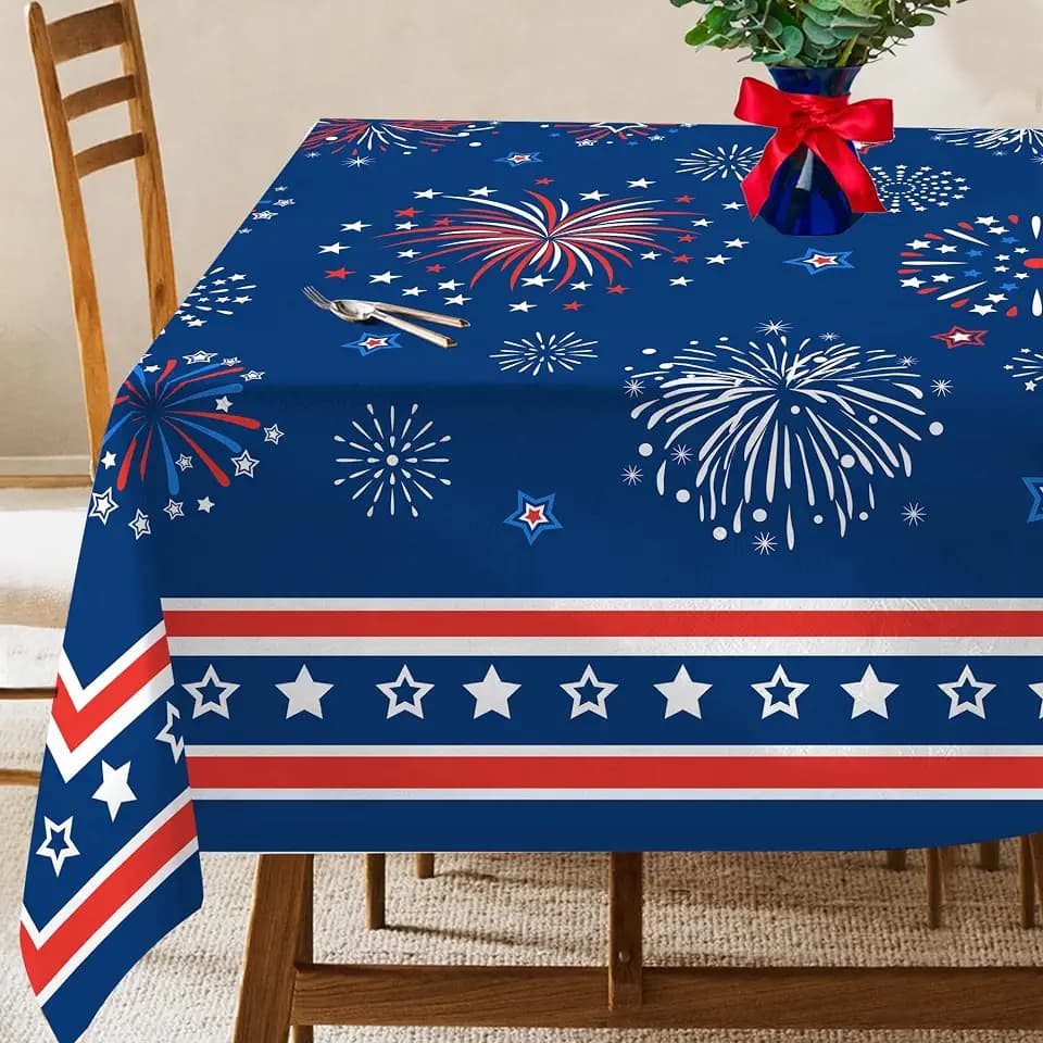 Hexagram 4th of July Tablecloth, Patriotic Tablecloth Rectangle 60x120 inch, Indoor or Outdoor Holiday Patriotic Table Red White and Blue Decorations for Dinner