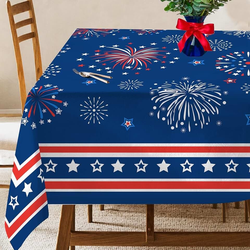 Hexagram 4th of July Tablecloth, Patriotic Tablecloth Rectangle 60x84 inch, Red and Blue Stars Indoor or Outdoor American Flag Independence Day Kitchen Table Decorations for Dinner