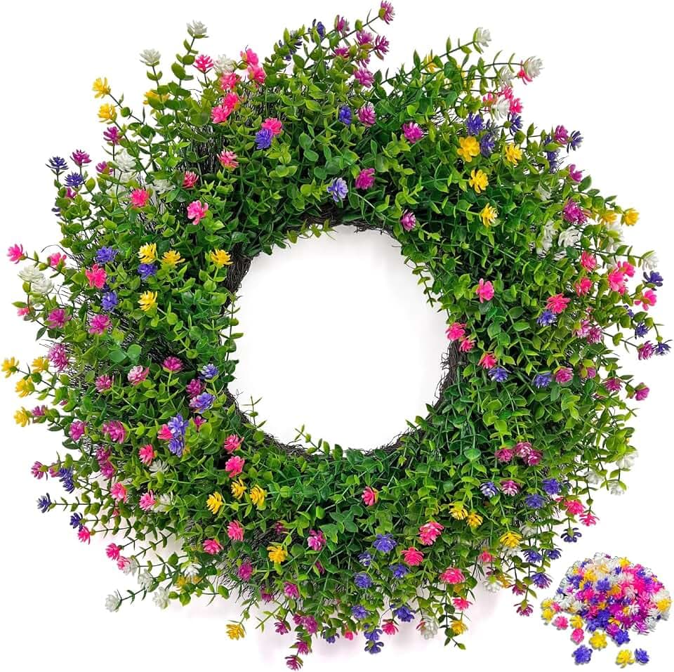 24 Inch Outdoor Wreaths for Front Door – All Season Boxwood Greenery Wreath Base with DIY Multi-Color Floral Bag – Modern Farmhouse Year Round Everyday Porch Wall Décor