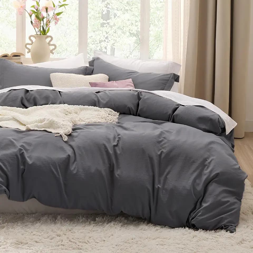 Bedsure Prewashed Duvet Cover Queen, Cotton-Like Bedding Set, Dark Grey