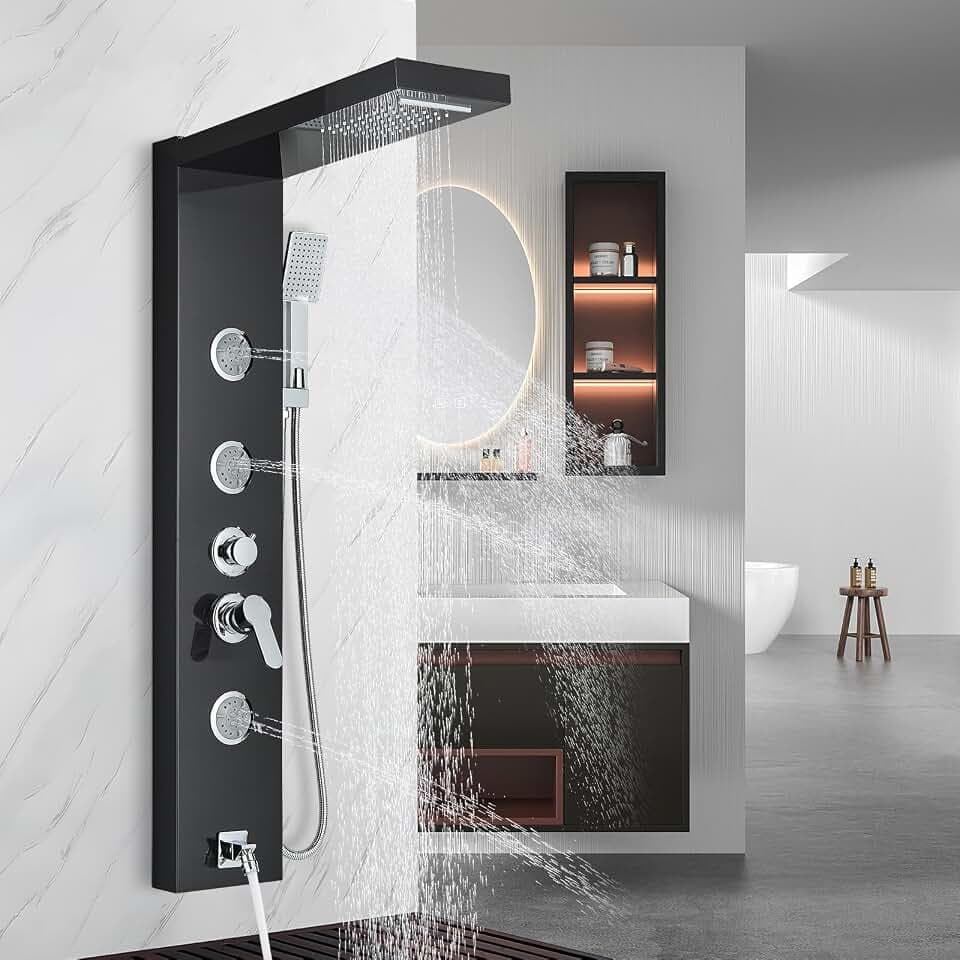 Shower Panel Tower System, Multi Function Shower System with Body Jets, Handheld Sprayer, Rainfall Waterfall Shower Head and Tub Spout Stainless Steel Wall Mount Shower Panels Black