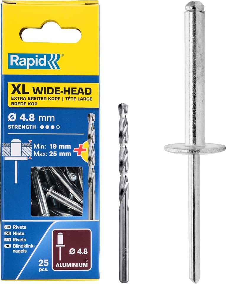 Rapid Blindnieten mit Großkopf 4,8 x 30 mm, 25 Stk. mit Bohrer