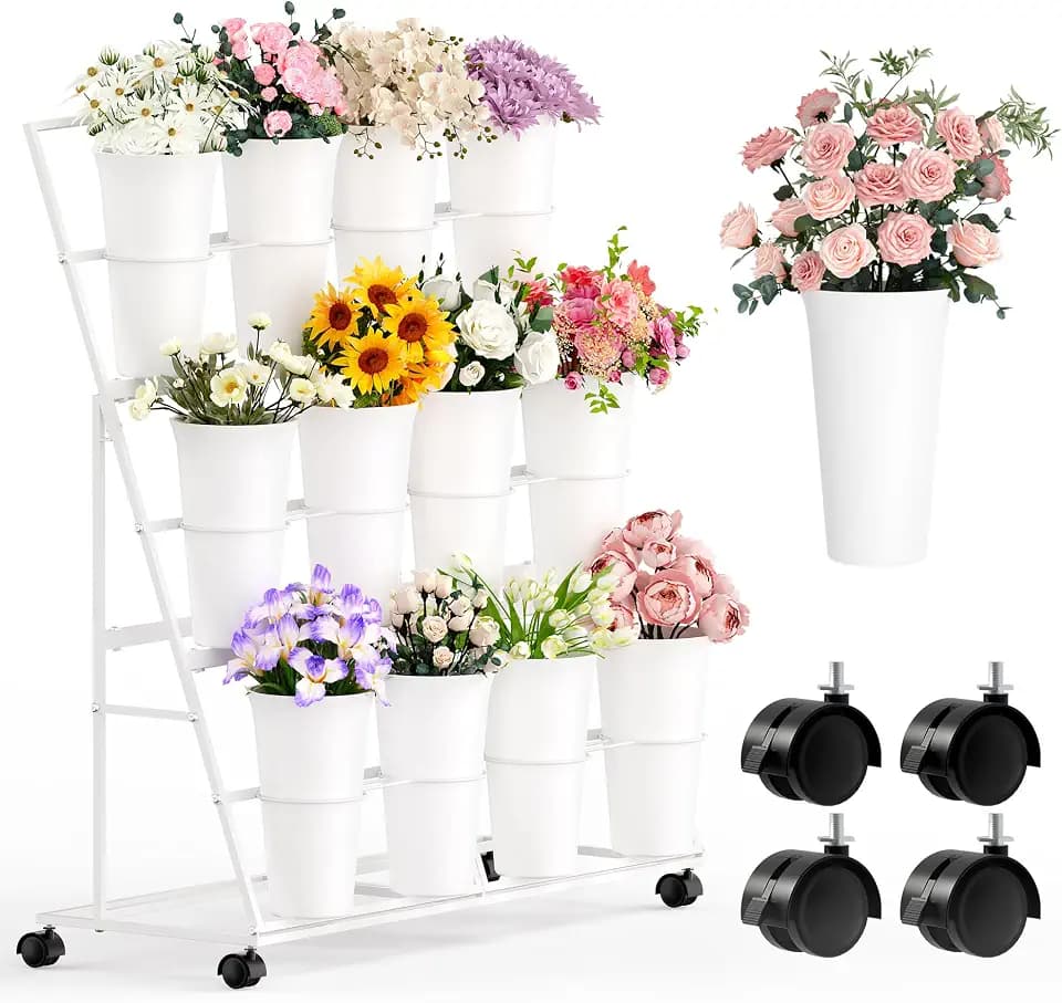 Alyoen Flower Display Stand with 12 Buckets and Wheels, 3 Tier Flower Cart Display Stand for Indoor Outdoor Garden, Wedding, Flower Shop (White)