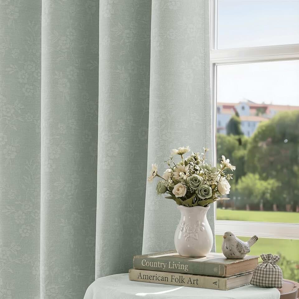 Beauoop Green Floral Jacquard Blackout Curtains for Bedroom 52x96 2 Panels