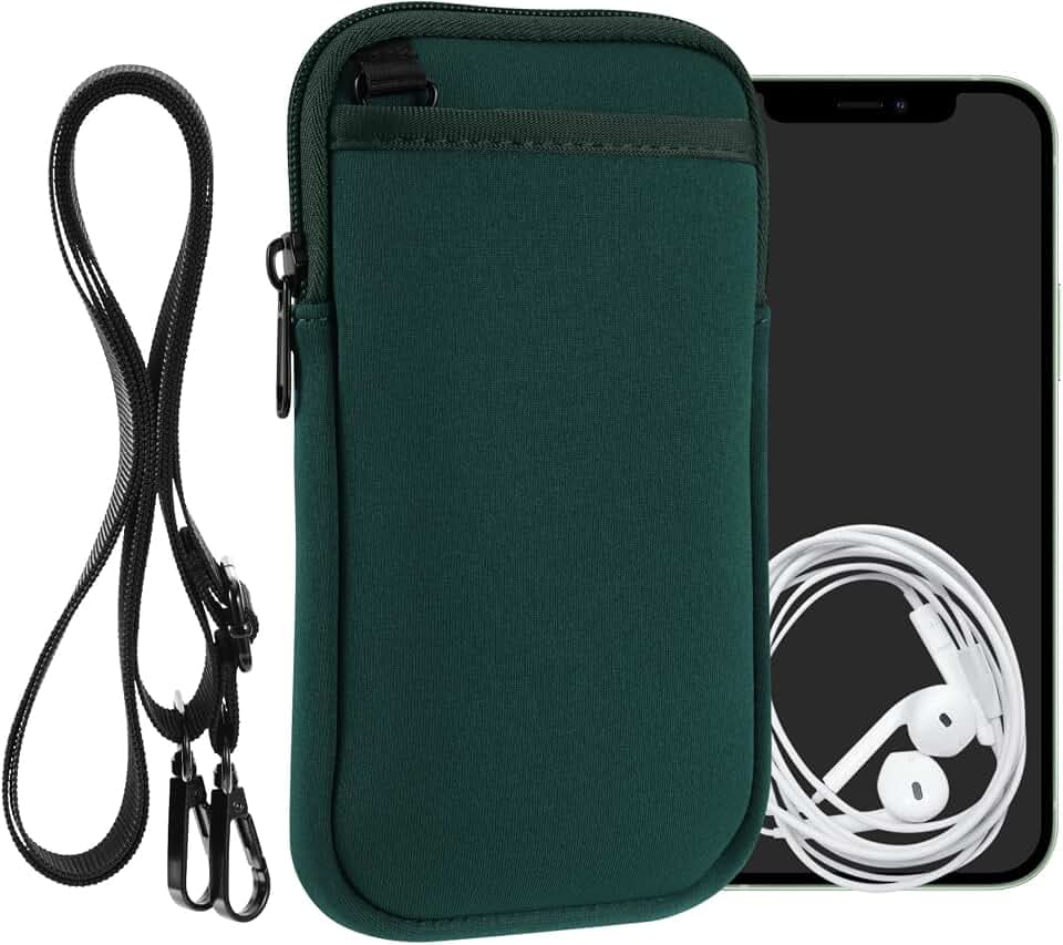 kwmobile Handy Tasche zum Umhängen für XL - 6,7/6,8" - Hülle mit Band - Neopren Cover mit Reißverschluss - 17,2 x 8,4 cm - Necklace Case in Dunkelgrün