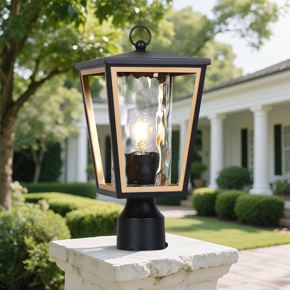 KSANA Outdoor Post Light, Waterproof Exterior Black Gold Pole Lantern Lamp with Textured Glass, Anti-Rust Pier Mount Light Fixture for Patio Fence Deck Porch Garden Pathway Lighting