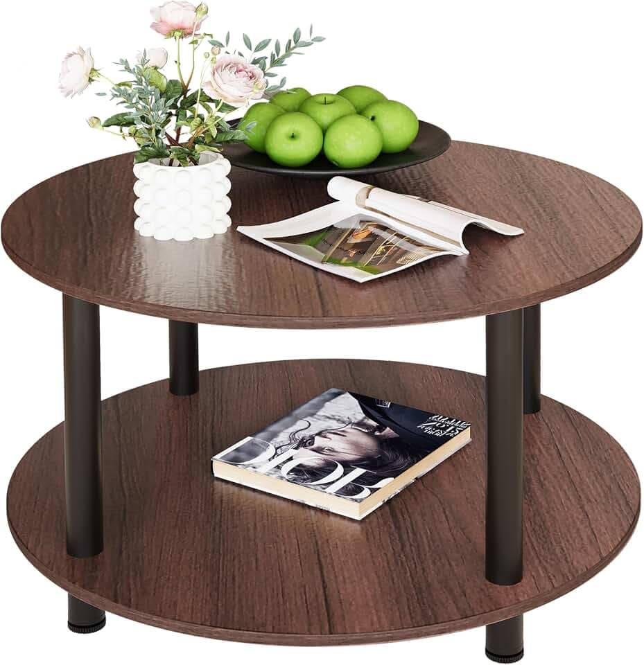Couchtisch Rund, 2 Ablagen, Wohnzimmertisch, Beistelltisch, Kaffeetisch, Sofatisch, für Wohnzimmer, Schlafzimmer, stabiles Metallgestell/MDF Platte, 60 x 60 x 48.5 cm, Walnuss