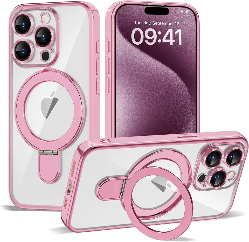 Plating Clear Case for iPhone 15 Pro Max with Stand 6.7", Pink