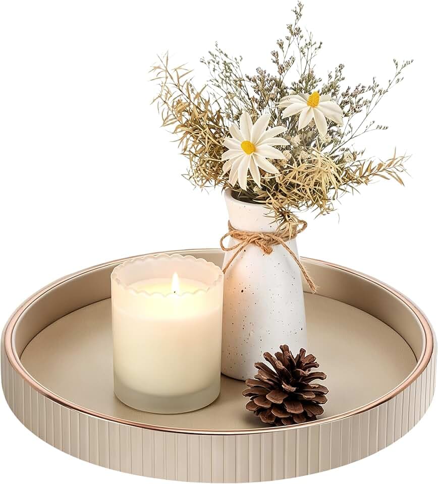 Runder PU Leder Tablett 30 cm, Großes Serviertablett Beige