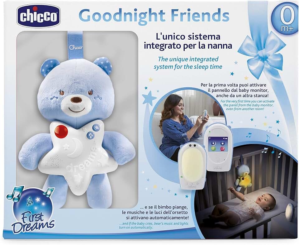 Chicco SET-Audio-Babyphone FIRST DREAMS mit Gute Nacht Bärchen, DECT-Technologie, Gegensprechfunktion, Farbiges Touchscreen, Nachtlicht und Schlaflied, BOY, blau