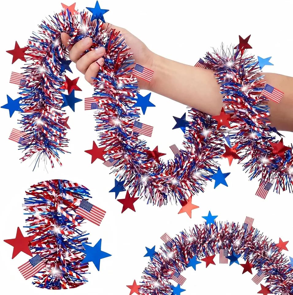 50 FT Patriotic Tinsel Garland, Red White and Blue 4th of July Garland Decorations for Independence Day, Memorial Day, Veterans Day, Parade Float, Golf Cart, Tree, Indoor Outdoor Party Decor