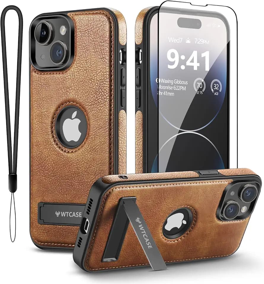 WTCASE Magnetic for iPhone 13/14 Leather Case,Built-in Invisible Stand [Compatible with Magsafe] Protective Slim Kickstand Compatible with iPhone 13/14 (Brown)