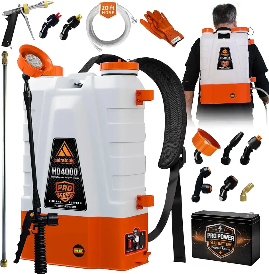PetraTools HD4000 Battery Powered Backpack Sprayer, 8 Hr Runtime, 9 Nozzles