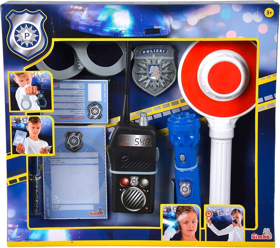 Simba 108101003 - Verkehrspolizei Einsatzset, 7 Teile, Taschenlampe, Kelle, Handschellen, Polizeimarke, Strafzettel, Ausweis, Funkgerät, Rollenspiel, Fasching, ab 3 Jahre