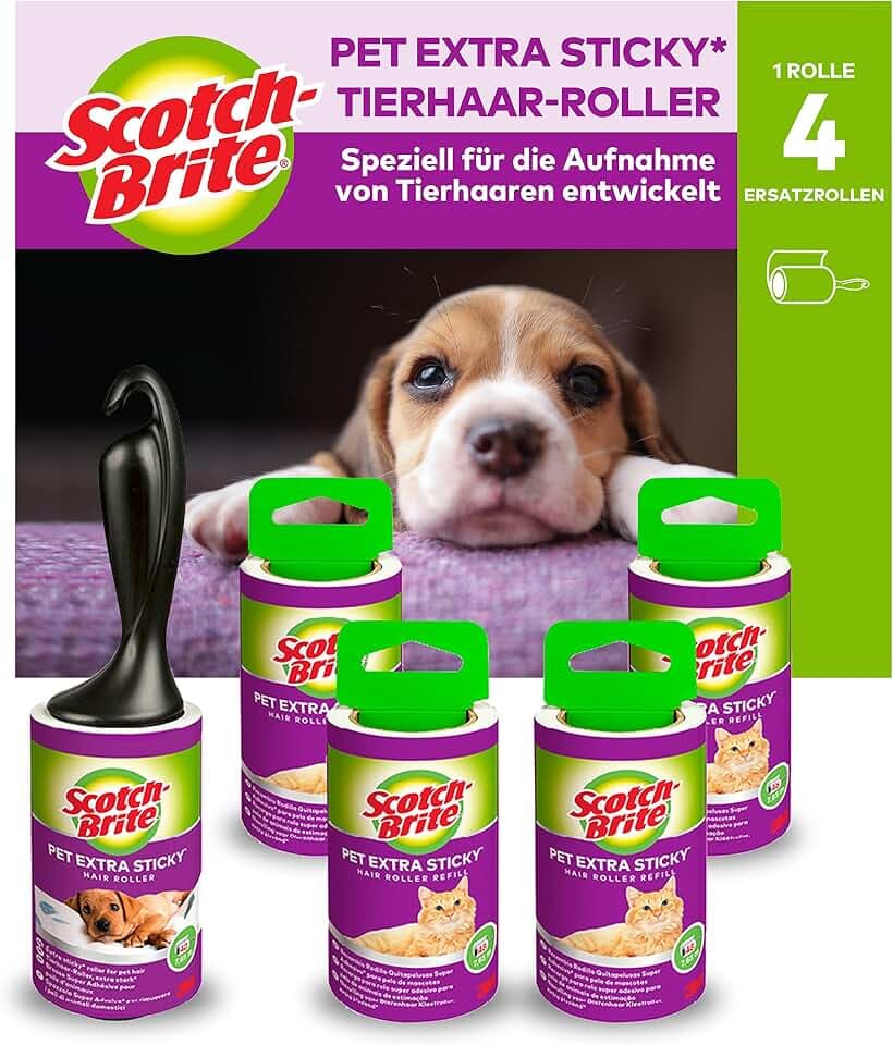 Scotch-Brite Pet Extra Sticky Fusselrolle für Tierhaare, 48 Blatt, 5 Rollen mit 1 Abroller, 240 Blatt pro Packung - Extra Klebrige Fusselrolle für Kleidung, Haare, Katzenhaare, Hundehaare