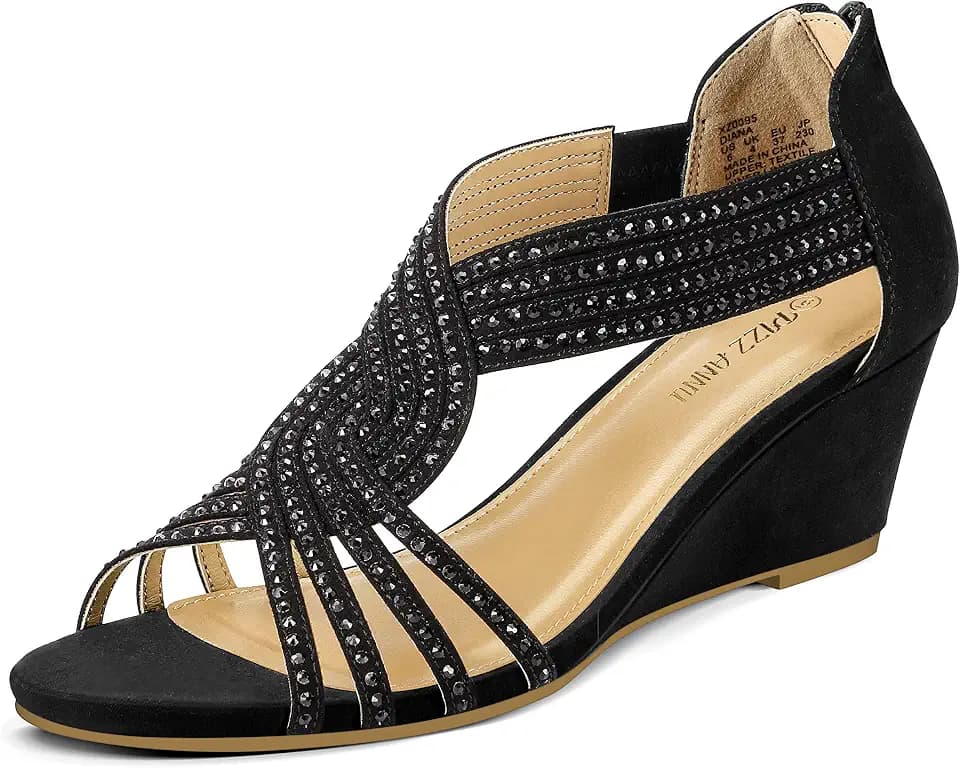PIZZ ANNU Women's Diana Low Wedge Sandals Sparkly Rhinestone Open Toe Fashion Dress Shoes for Woman Lady in Bridal Dance Evening