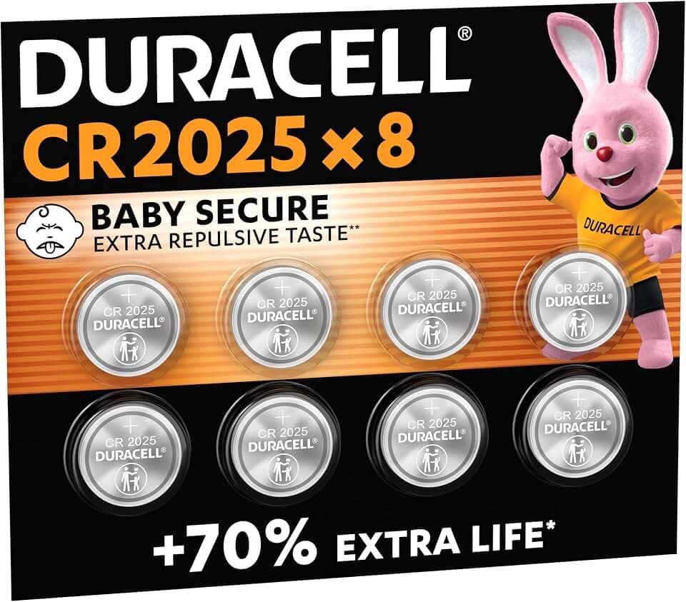 DURACELL 2025 Lithium Knopfzelle (8 Stück) 3V, CR2025 | Bis zu 70 % zusätzliche Lebensdauer - Baby-Secure-Technologie - ideal für Funkautoschlüsseln, Fitnessuhren und 3D-Brillen