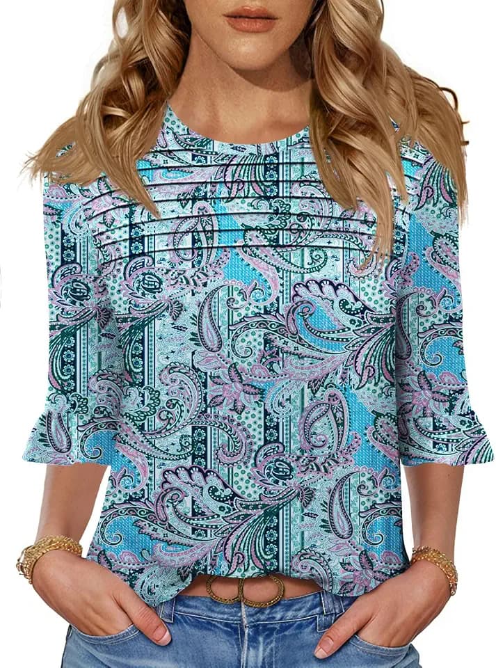 Blingfit Womens Tops 3/4 Length Sleeve Dressy Casual Shirts Bell Sleeve Front Pleated Fasion Trendy Summer Blouses 2026