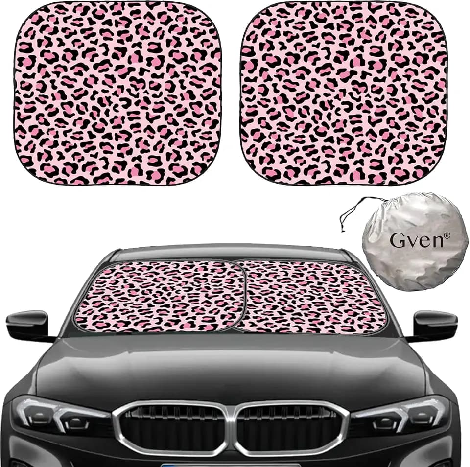 GVEN Windshield Sun Shade Car Sunshade Truck Accessories Large-Size Front Window Shades Windshield Cover Visor for Full-Size MPVs, Vans, Trucks, SUVs, Tesla (Pink Leopard, L)