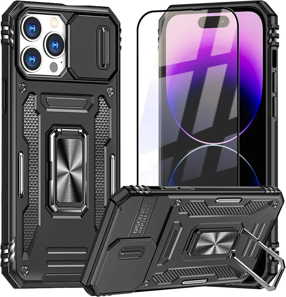 AKABEILA Hülle Schutzfolie für iPhone 15 Pro Handyhülle Panzerfolie TPU PC Hybrid Schutzhülle Schutzglas Case 360° Ringhalter Ständer Verschiebbarer Kameraschutz 6.1"