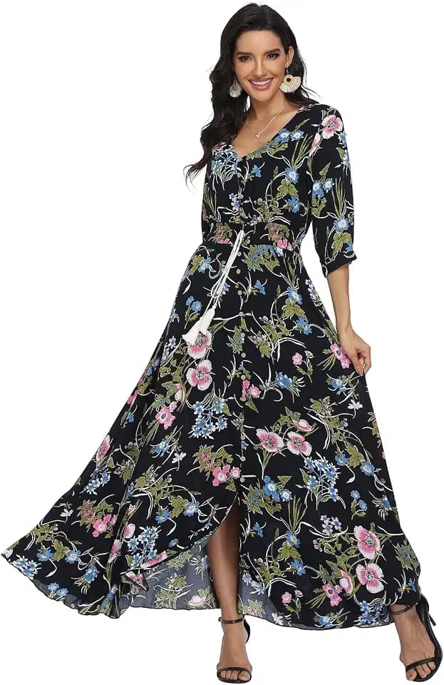 VintageClothing Women's Floral Maxi Dresses with Sleeves Flowy Boho Beach Dress