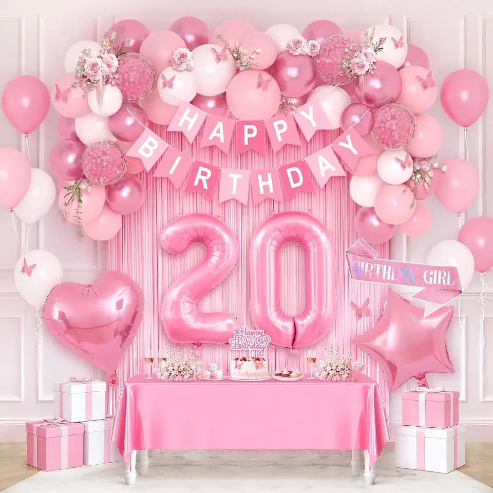 Pink 20th Happy Birthday Decorations for Women Girls, Pink and White 20th Birthday Party Packs with Foil Number 20 Balloons, Happy Birthday Banner, Fringe Curtains, Birthday Sash Party Supplies