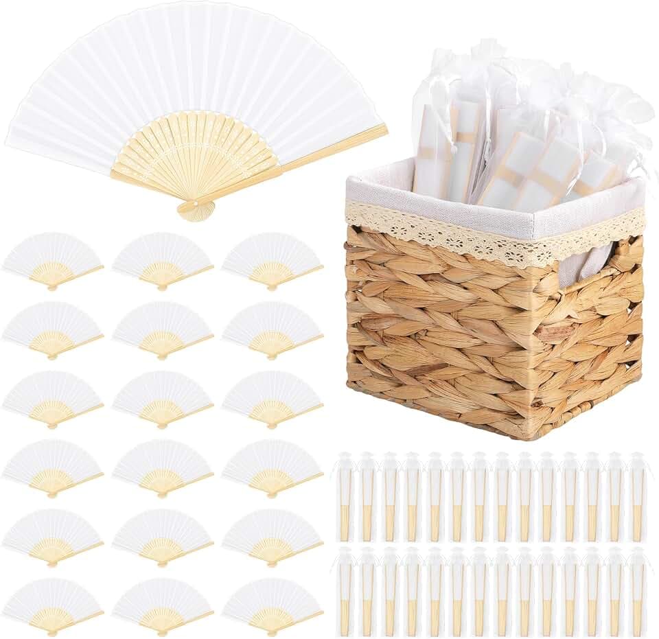 Aneco 50 Pieces Silk Wedding Fans Bamboo Handheld Folding Fans Foldable Hand Fan for Wedding Guests with Storage Basket Weddings Decorations Bridal Shower Party Favor DIY Home Decor, White