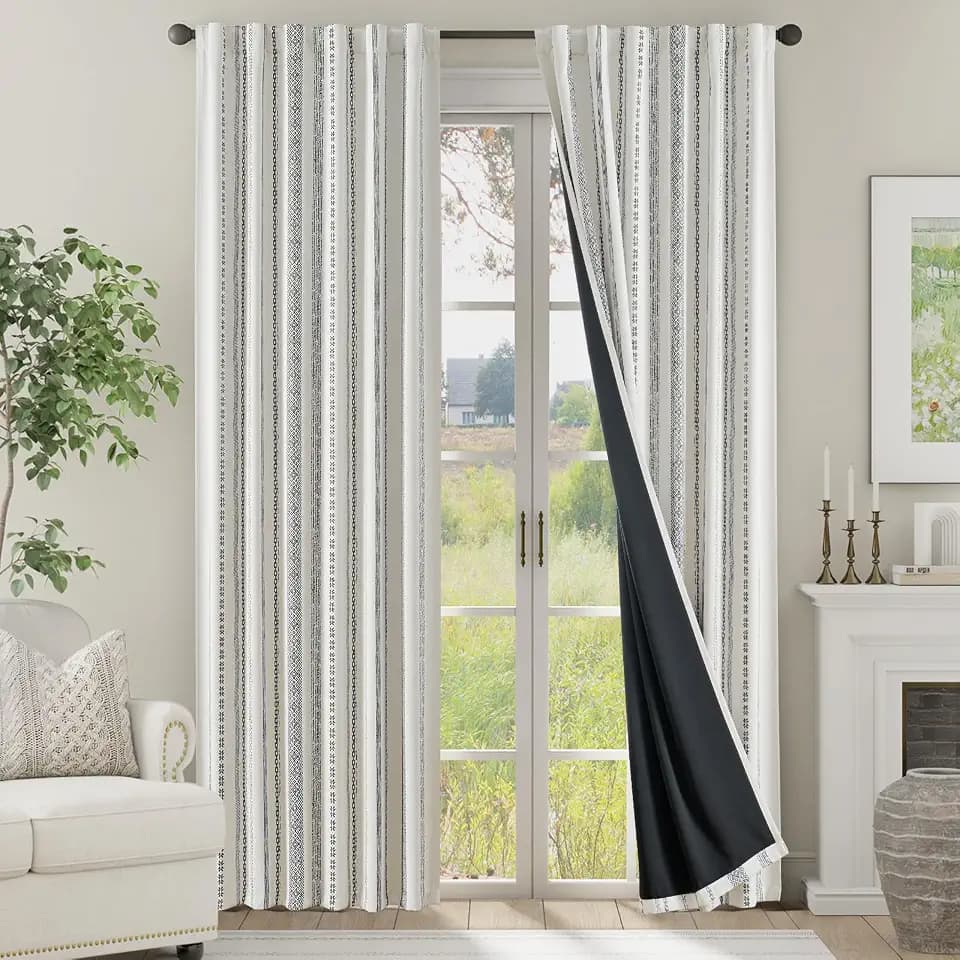 jinchan Blackout Curtains 84 Inches Long for Bedroom, Boho Insulated Curtains Black Printed on Beige Geometric Drapes Back Tab Rod Pocket Room Darkening Retro Farmhouse Pattern 2 Panels