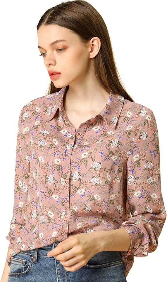 Allegra K Women's Button Down Shirt Casual Work Print Long Sleeve Shirt